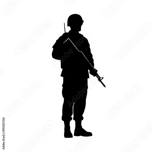 Silhouette of Soldier with Rifle Standing.