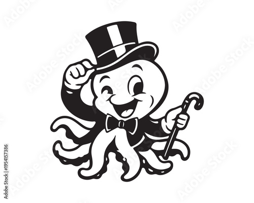 Dapper Cartoon Octopus Character Wearing Top Hat Bowtie and Holding Cane