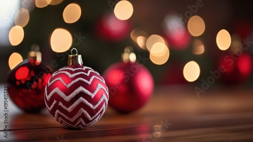 Vibrant red Christmas ornaments with festive patterns displayed on a cozy holiday table with soft bokeh lighting
