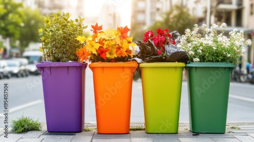 Vibrant Recycling Bins Overflowing with Trash and Flowers on an Urban Street in Bright Daylight