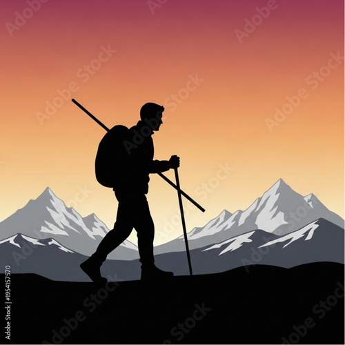 Silhouette of Hiker with Backpack and Trekking Poles.