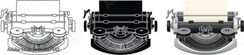 Three distinct vector illustrations of a vintage typewriter featuring line art solid black and detailed versions suitable for historical themes or creative projects