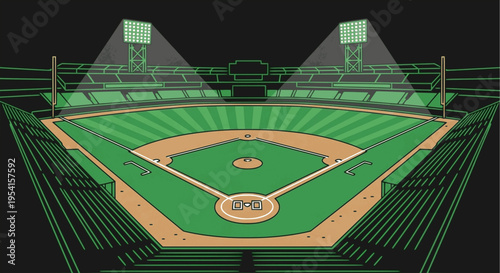 Green Line Art Baseball Field with Stadium Lights
