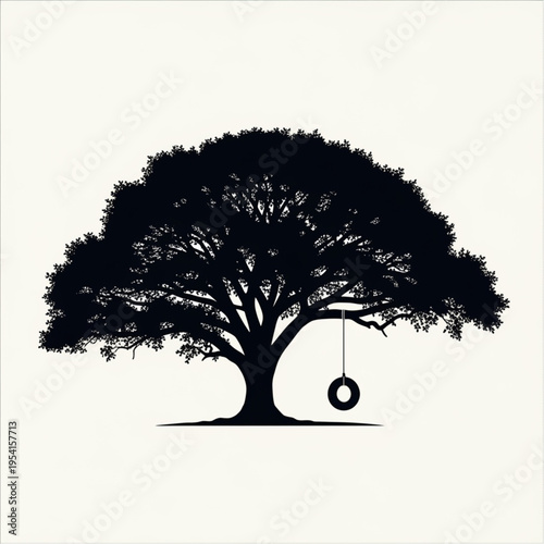 Tree Silhouette with Tire Swing Hanging.