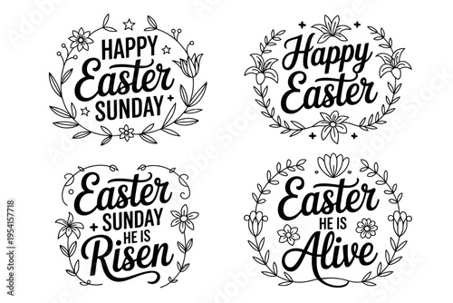 A set of Easter Sunday graphics with floral designs and inspirational quotes on a white background