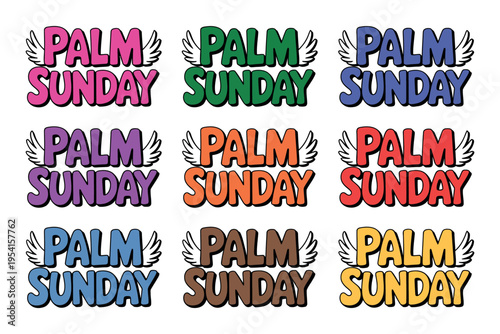 A colorful illustration of Palm Sunday text in multiple colors and fonts on a white background