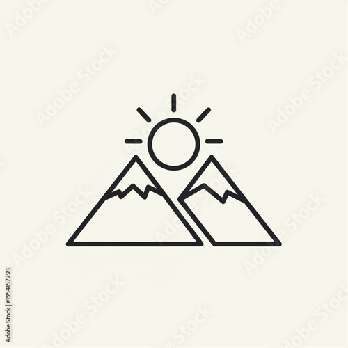 Simple Line Art Mountain Landscape with Sun.