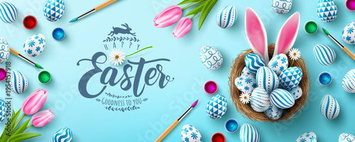 Easter poster and banner template with Easter eggs in the nest on light green background.Greetings and presents for Easter Day in flat lay styling.Promotion and shopping template for Easter