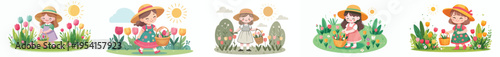 vector of a little girl picking flowers in the garden during spring