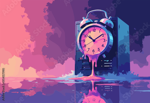 stylized 3D graphic melting clock dripping off sleek, modern computer server Time saving tech concept Surrealist tech aesthetic Vibrant gradients Blank space copy