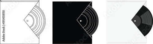 Minimalist vector illustration set of vinyl records in sleeves featuring outline and solid black designs ideal for music apps retro branding and entertainment concepts