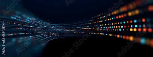Abstract visualization of flowing digital information as vibrant luminous particles and binary code representing big data and global network connections in a dark technological space