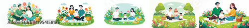 vector of family having a simple picnic in the park during spring