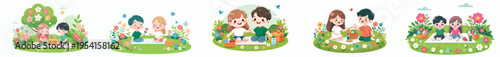 vector of children having a simple picnic in the park during spring