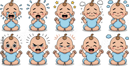Cute, cartoon, baby, emotions, set, crying, laughing, angry, happy, expressions, illustration, vector, character, infant, face, mood, icons, collection, adorable, kids