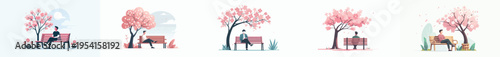 vector of a man sitting on a park bench in spring