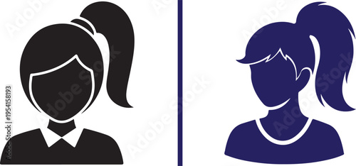 Front-facing vector silhouettes of two women with high ponytails. Left features a black avatar with a collared shirt; right is a dark blue silhouette with a round neck. Minimalist profile icons.