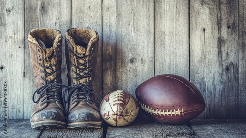 Vintage Sports Equipment Displayed with Rugged Boots on a Rustic Wooden Background