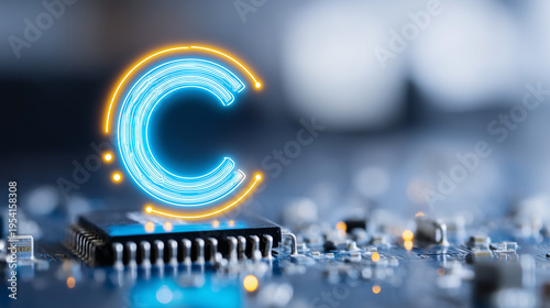 A copyright symbol glowing above a microchip to represent digital ownership, intellectual property protection, and technology licensing.
