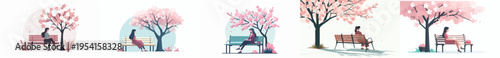 vector of a woman sitting on a park bench in spring