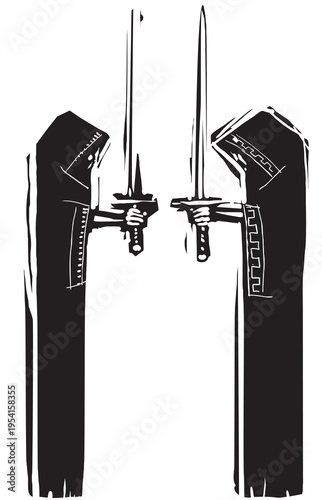 Woodcut expressionist style image of two druids with swords