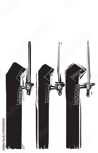 Woodcut expressionist style image of Druids Walking