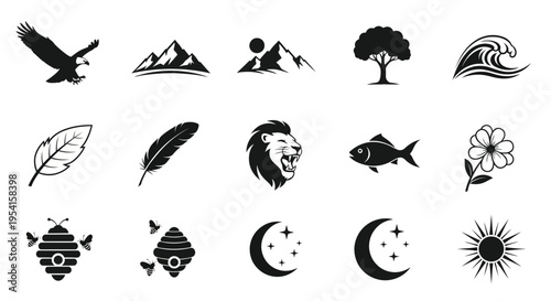 Collection of black silhouette icons featuring nature and wildlife symbols including animals plants and celestial bodies on white background