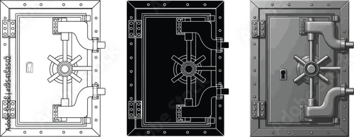 Set of three secure bank vault doors featuring outline silhouette and detailed metallic designs perfect for finance and security concepts