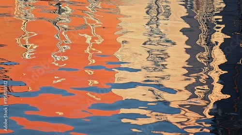 Vivid abstract water reflections showcasing changing sky colors at golden hour with a calm surface