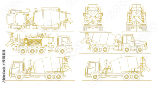 Concrete Mixer Truck AutoCAD Blueprint Vector – Construction Machinery Technical Multiview Yellow Outline Drawing