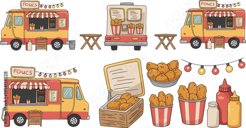 food, truck, street, food, fried, chicken, fast, food, vendor, cartoon, illustration, takeaway, snack, menu, design, vector, clipart, colorful, set