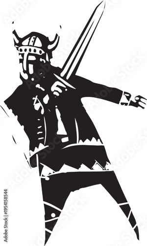 Woodcut expressionist style image of a Viking Swinging a Sword
