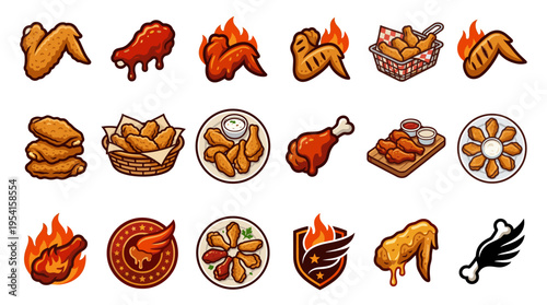 Collection of cartoon-style chicken wing illustrations, depicting various preparations and presentations.
