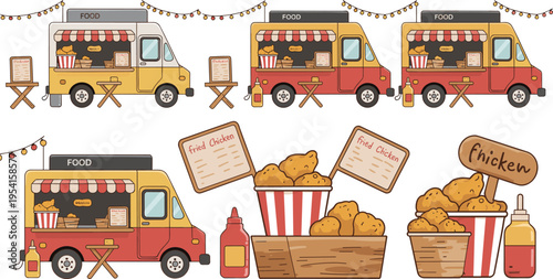 food, truck, street, food, fried, chicken, fast, food, vendor, takeaway, snack, cartoon, illustration, menu, design, vector, clipart, colorful, set