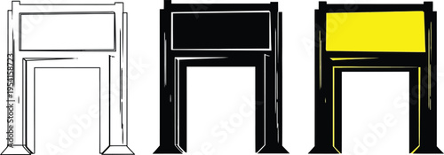 Set of security gate or metal detector vector illustrations featuring outline solid black and yellow screen variations for airport checkpoints and access control