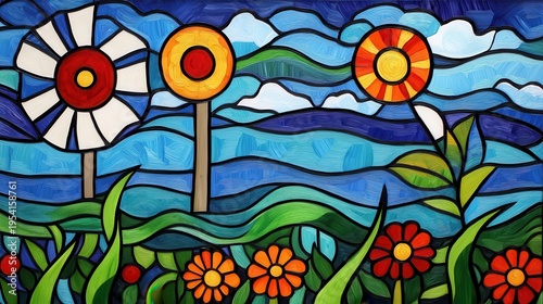 Vibrant Stained Glass Flowers in a Stylized Nature Scene, Capturing the Beauty of a Colorful Garden