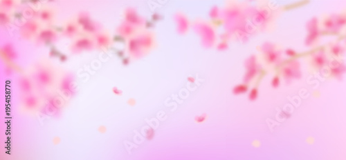 Pink cherry blossom flower branches, buds and leaves set, sakura illustration with petals, Japanese spring floral background for pattern and frame design.