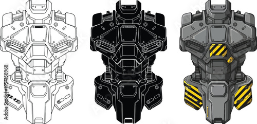 Three detailed vector illustrations of a futuristic robot torso depicting advanced power armor in outline solid black and colored variations perfect for game design or sci-fi projects