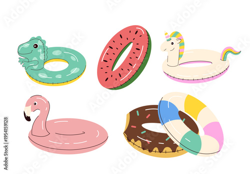 Inflatable swimming rings collection for summer designs.  Water activities equipment isolated on white.