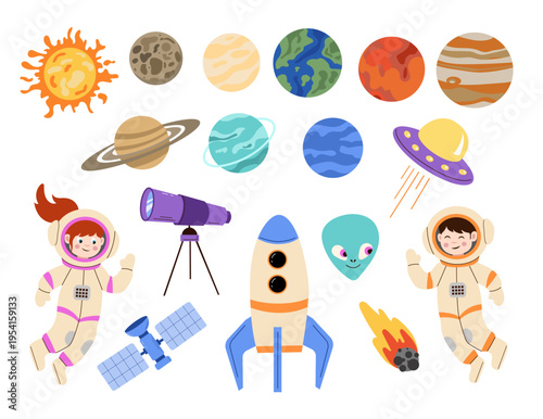 Сollection of space elements: boy and girl astronauts, rocket, planets, telescope, and UFO. Modern cosmic desings for kids nursery decor and educational projects.