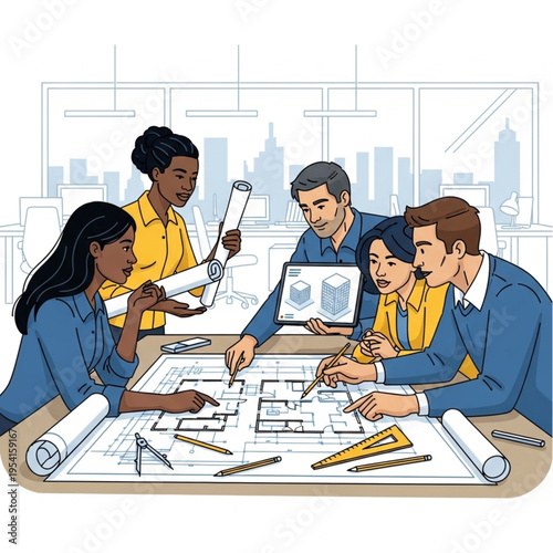 Team of Architects Working on Blueprint.