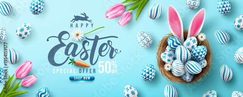 Easter poster and banner template with Easter eggs in the nest on light green background.Greetings and presents for Easter Day in flat lay styling.Promotion and shopping template for Easter