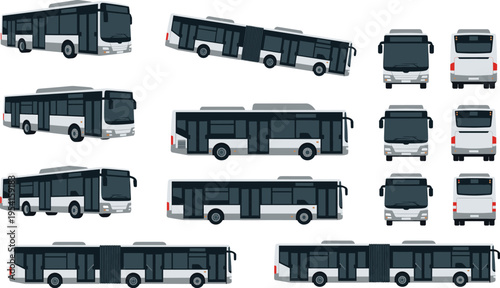 City public transport bus vector set with multiple views including front side rear and articulated buses, modern urban transit vehicle illustration collection