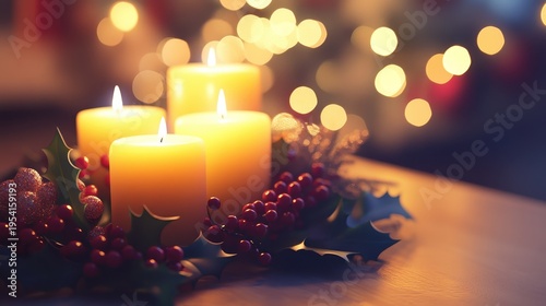 Warm Christmas Dinner Table With Illuminated Candles And Holly Centerpiece, Evoking Cozy Festive Ambiance