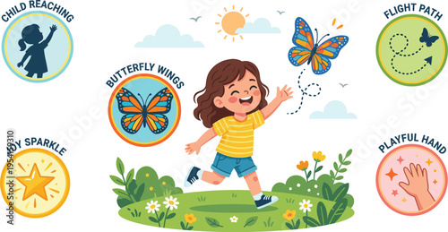 Happy child chasing butterfly in garden, playful learning concept illustration with nature elements, joy, curiosity, childhood imagination and outdoor activity scene