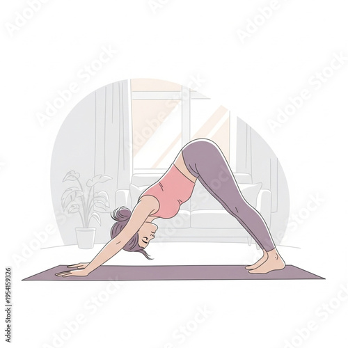Woman Practicing Downward Dog Yoga Pose.