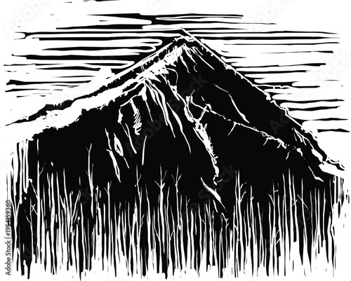 Woodcut expressionist style image of a Mountain
