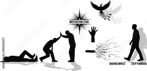 Motivation journey from failure to success with helping hand, rising silhouette and phoenix symbol illustration showing resilience, growth, determination and personal development concept