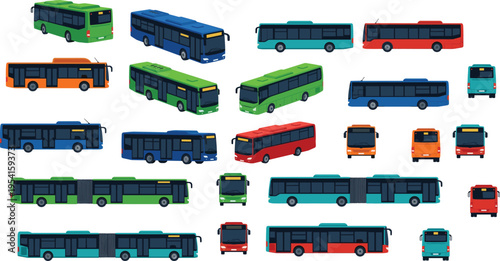 Modern City Public Transport Bus Collection Vector Set Including Articulated Electric Urban Transit Vehicles Isolated Flat Design Illustration Pack