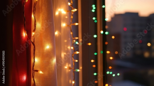 Warm holiday Christmas lights draped around a window with a festive sparkle and blurred background
